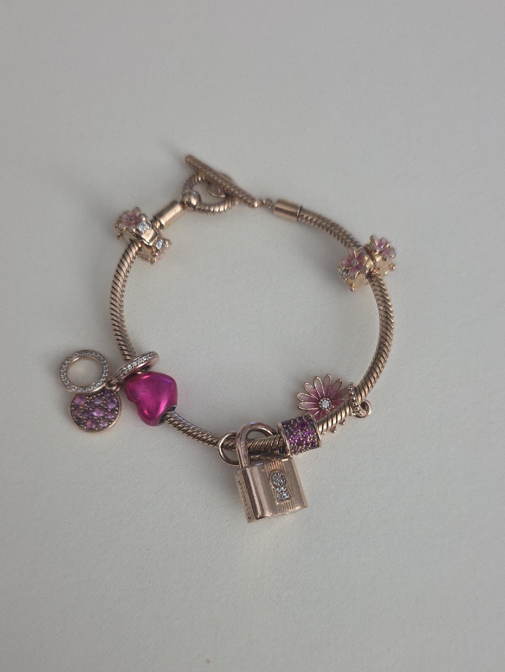 Authentic Pandora Rose Gold Plated Bracelet with Pandora Rose Gold Charms